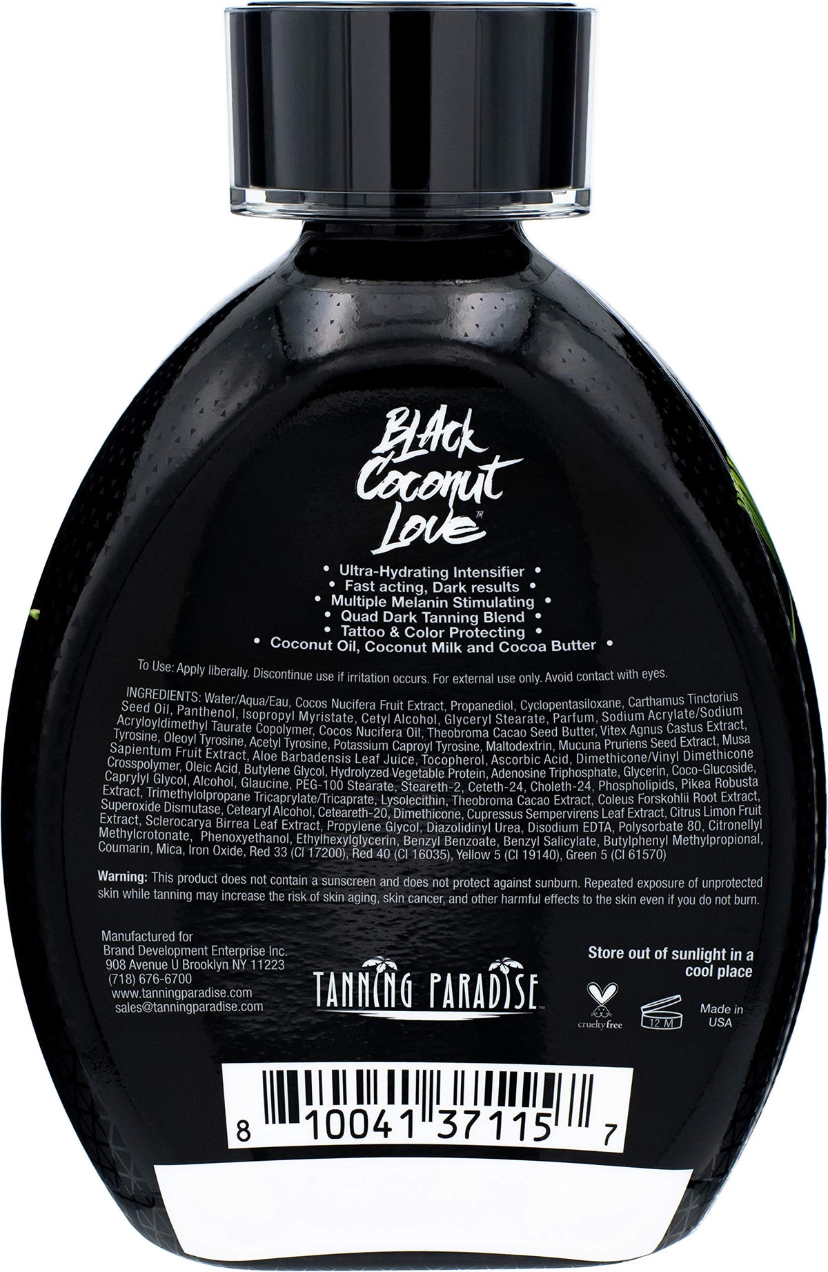 TANNING PARADISE Black Coconut Love Tanning Lotion back view showing ingredients