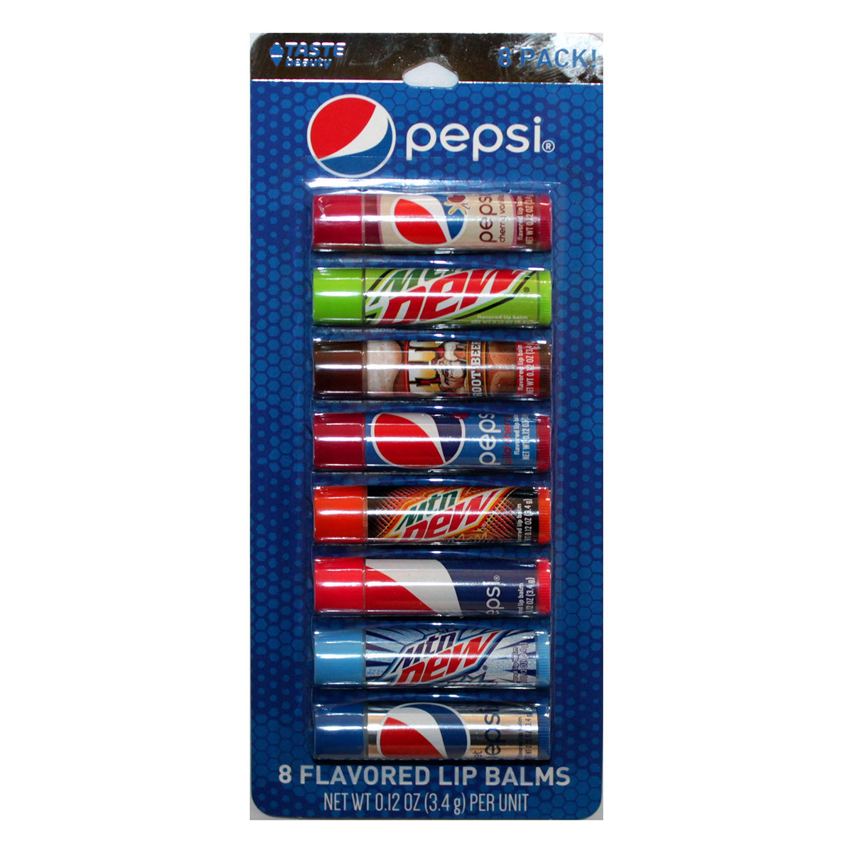 Taste Beauty Party Pack Pepsi Lip Balm Sticks front view with eight flavours