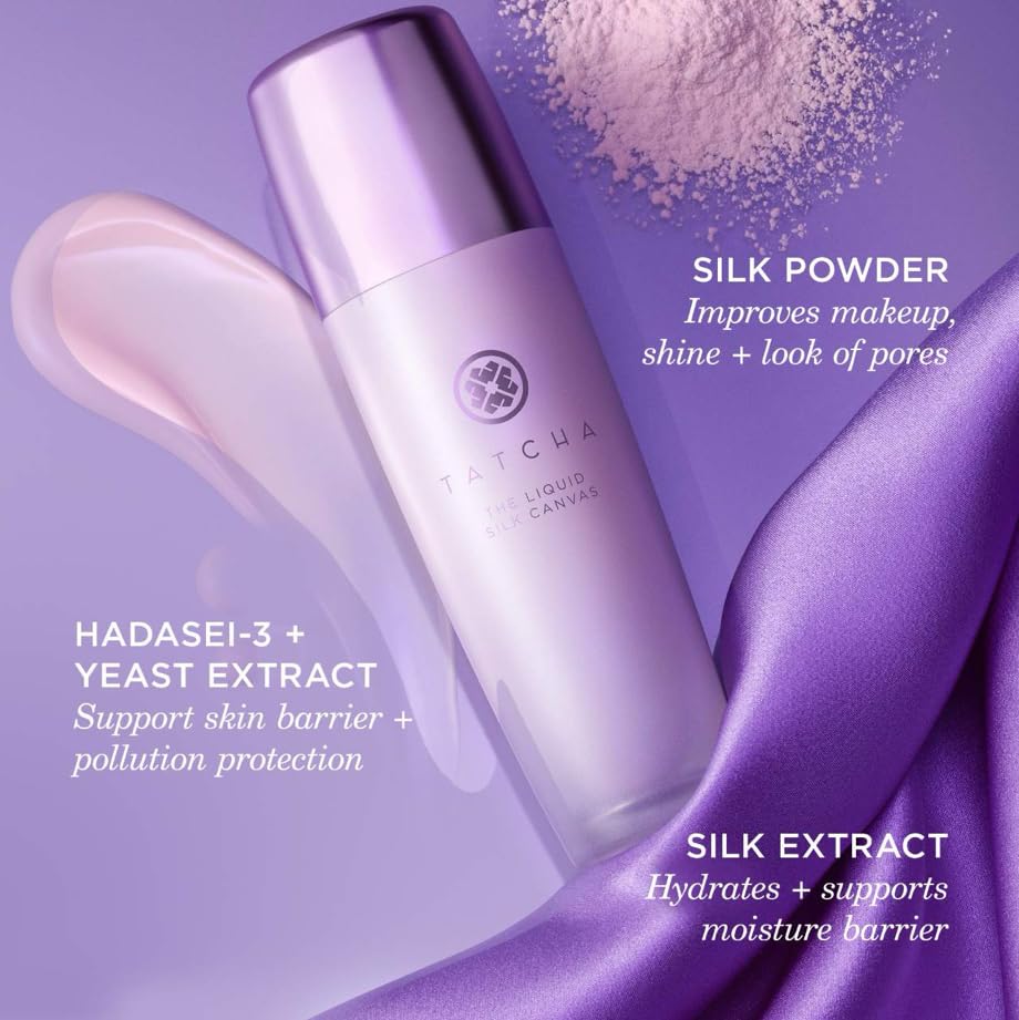 TATCHA Liquid Silk Canvas Primer with makeup products