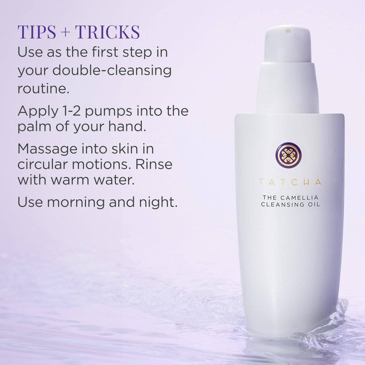 TATCHA The Camellia Cleansing Oil on a bathroom counter