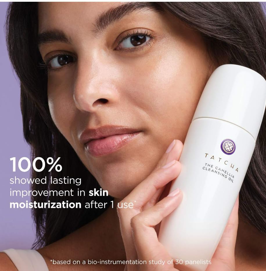 TATCHA The Camellia Cleansing Oil pouring from bottle