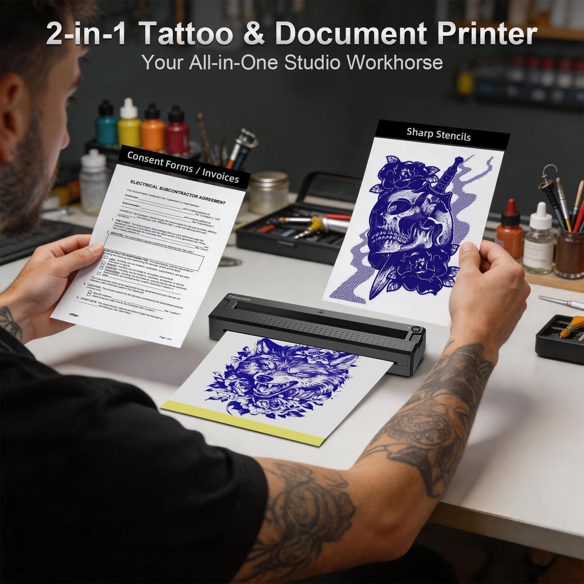 Tatouhom Tattoo Stencil Printer showing Bluetooth connection feature