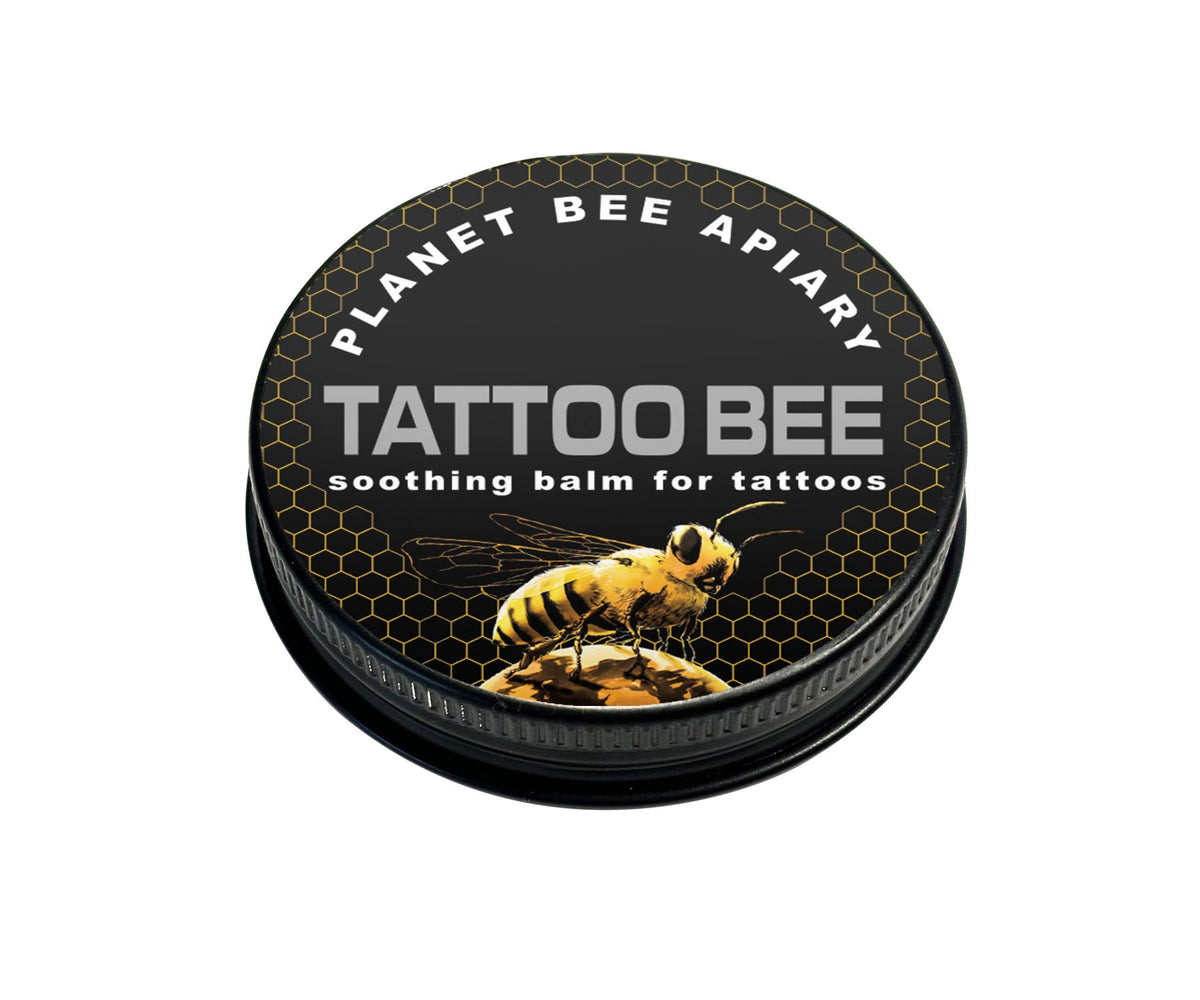 Tattoo Bee 1oz balm front view in travel-friendly tin