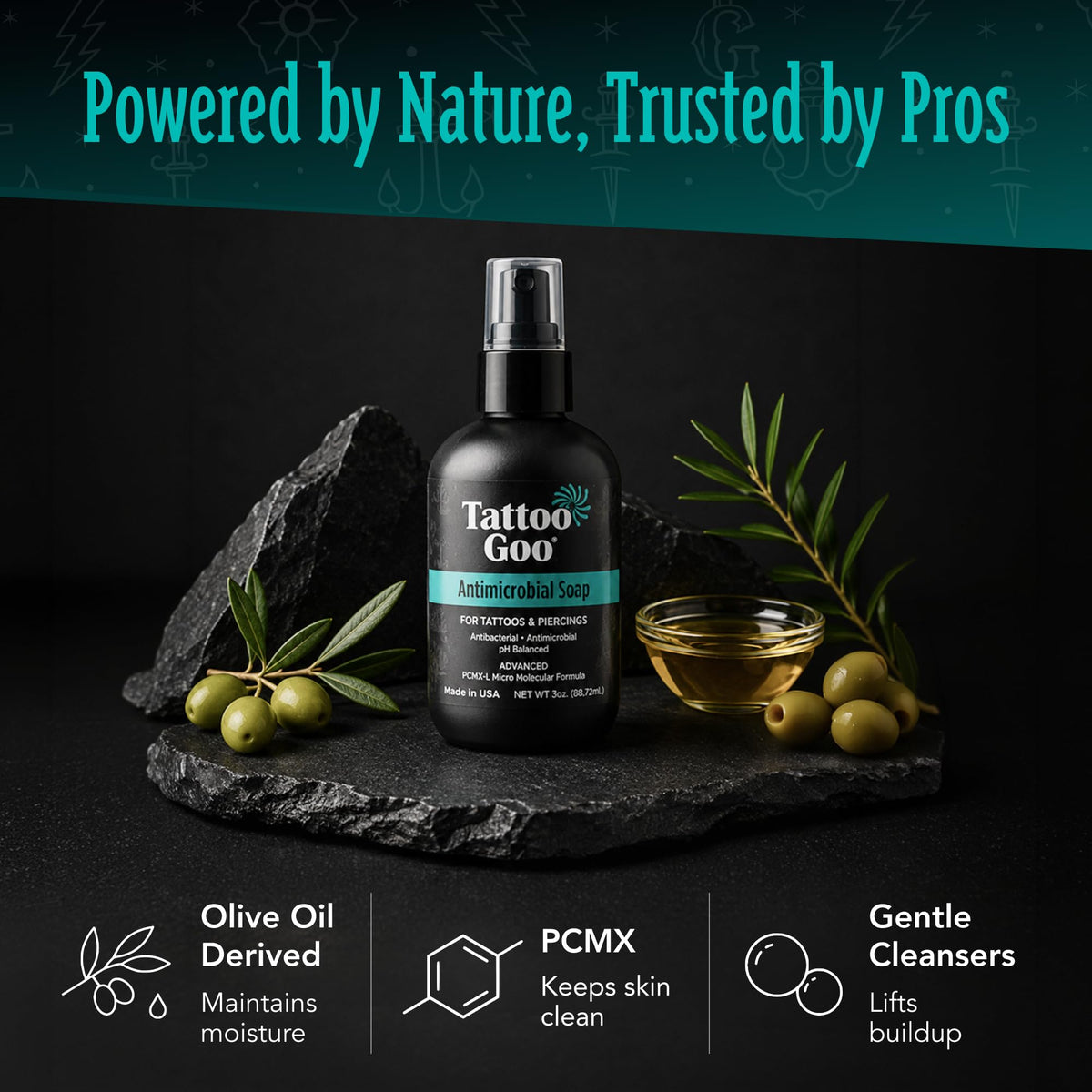 Tattoo Goo Cleansing Soap 3 oz in a bathroom setting