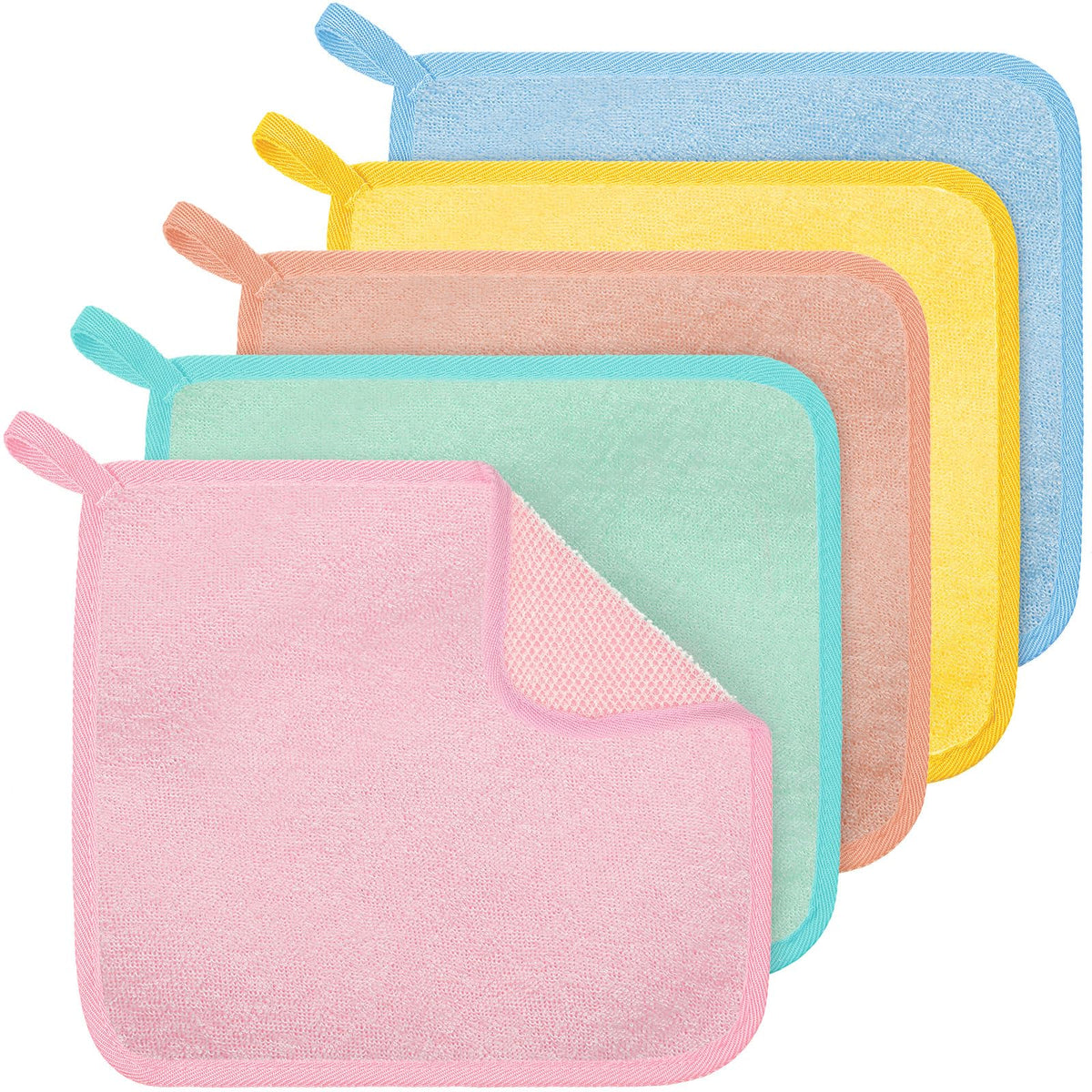 Tatuo 5 pack exfoliating wash cloths in blue, green, yellow, pink and skin tone