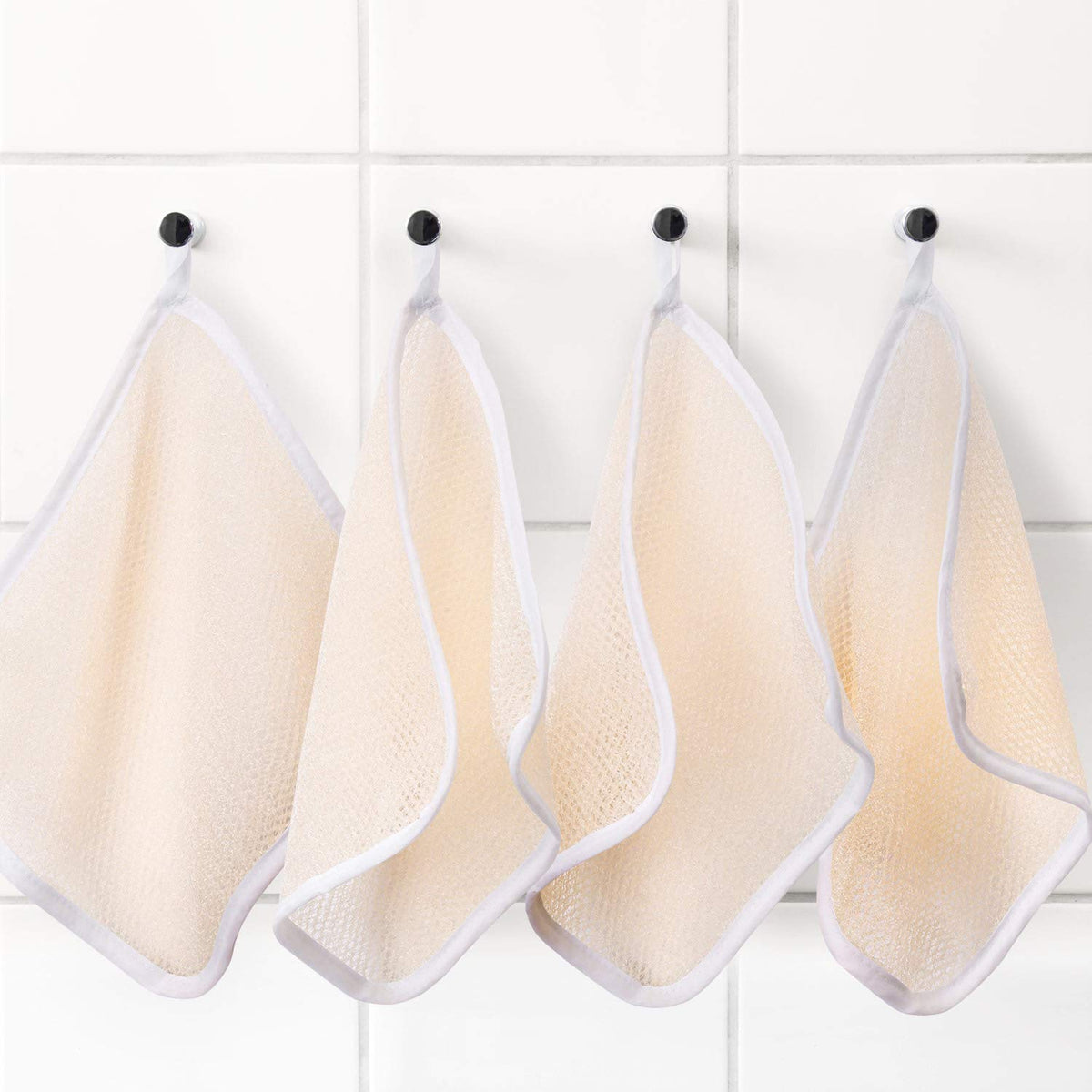 Tatuo Exfoliating Wash Cloths hanging to dry