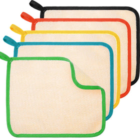 Tatuo exfoliating wash cloths in black, green, orange, blue, and yellow