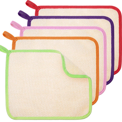 Tatuo exfoliating wash cloths in green, orange, pink, purple, and red edge