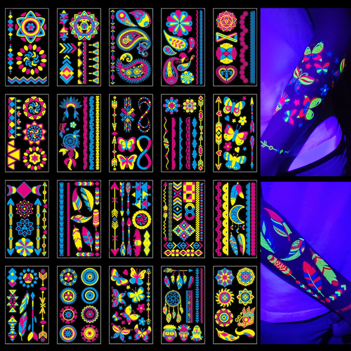 TATUWST Glow in the Dark Temporary Tattoos 20 sheets with vibrant designs