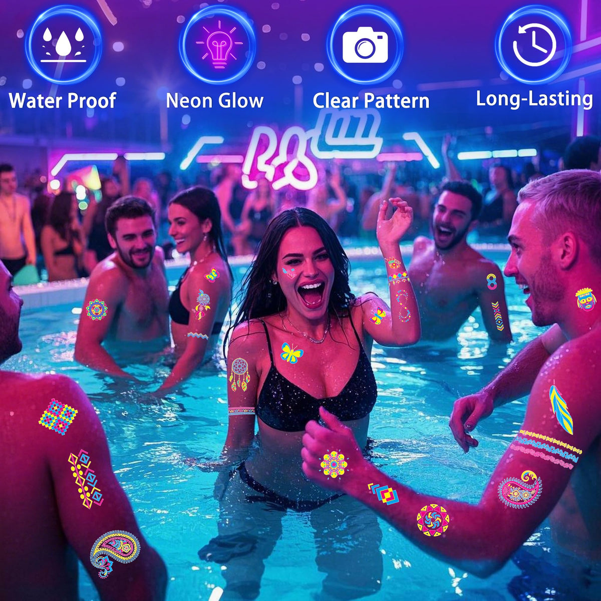TATUWST Glow in the Dark Temporary Tattoos glowing under UV light