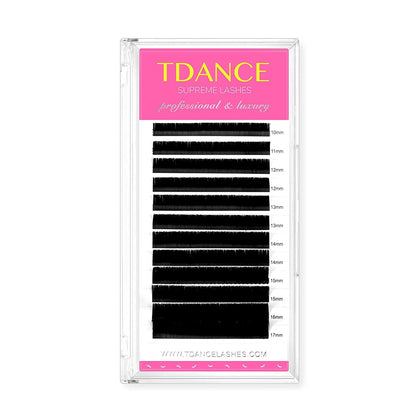 TDANCE Eyelash Extension tray showing mixed lengths 10-17mm