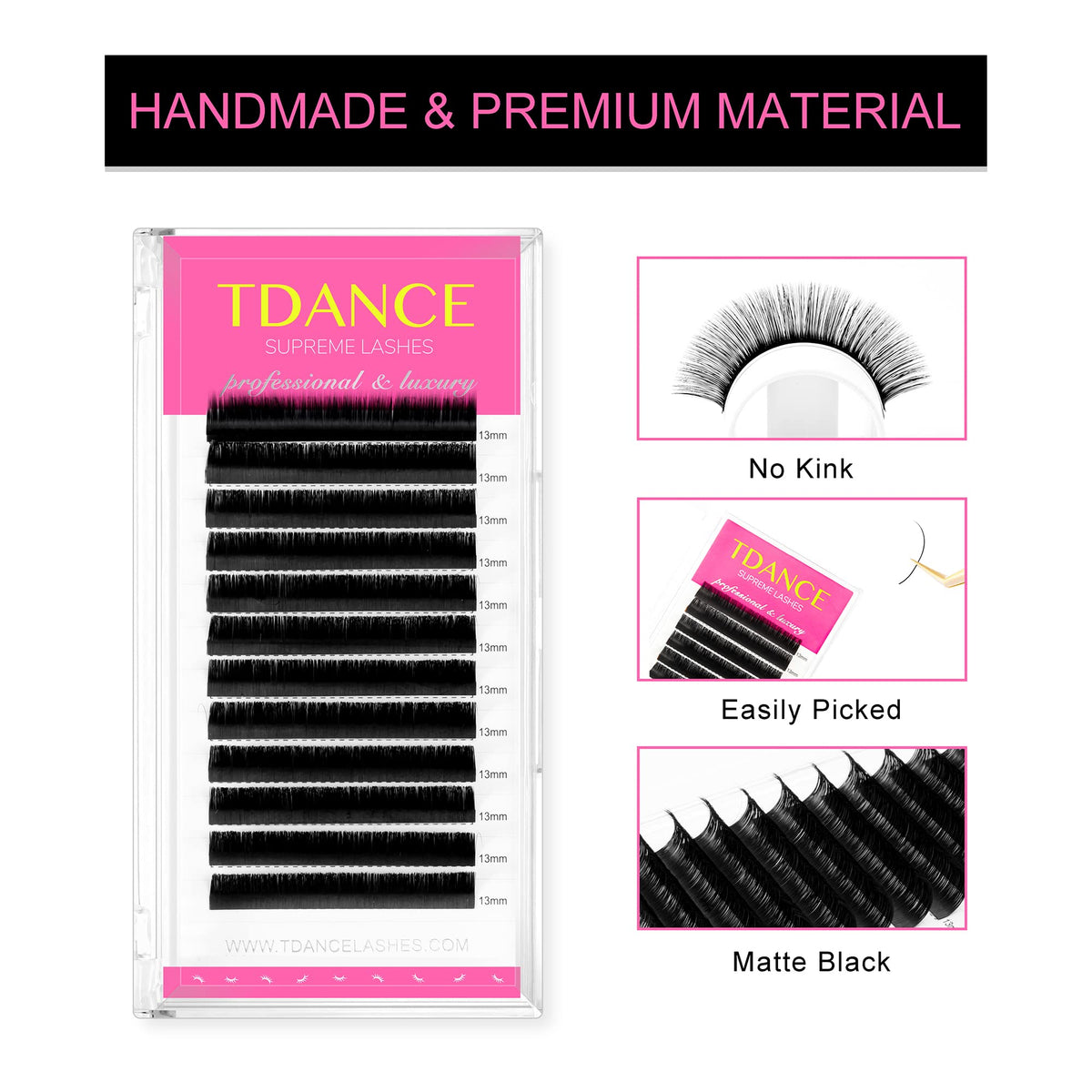 TDANCE Eyelash Extensions D Curl close-up showing thickness options