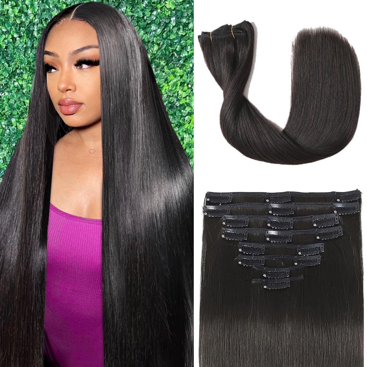 Tebelove Clip in Hair Extensions 16 Inch 1B Natural Black front view