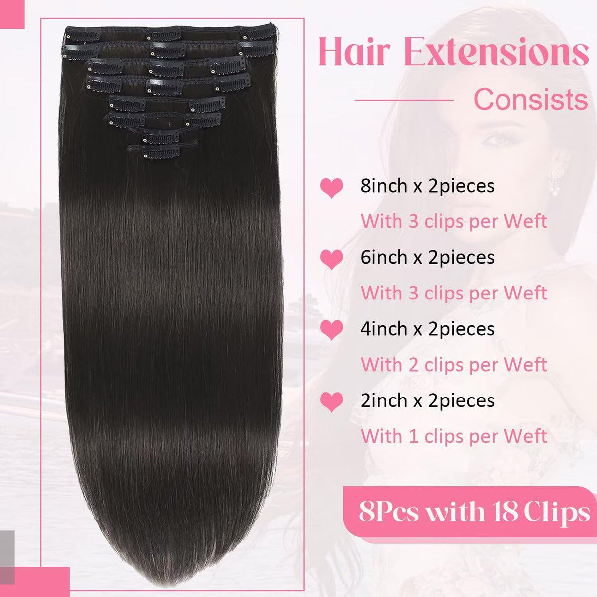 Tebelove Clip in Hair Extensions 8 pieces with clips laid out
