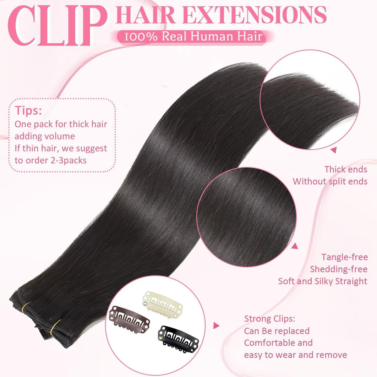 Tebelove Clip in Hair Extensions close-up of clips