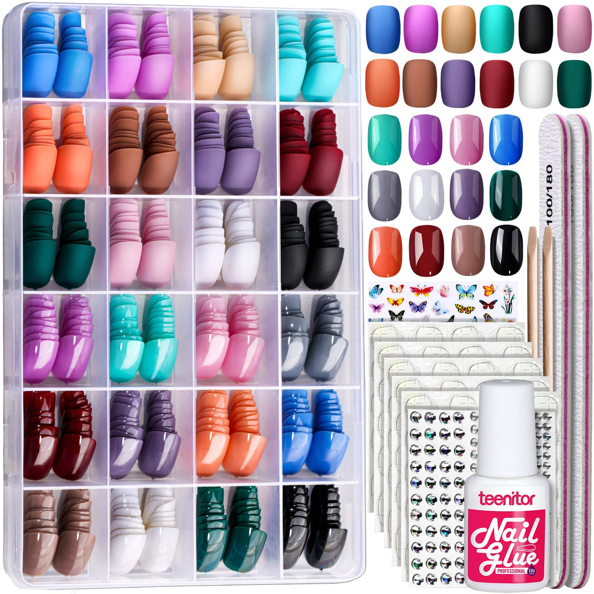 Teenitor 24Pack Short Press On Nails Kit with assorted colours