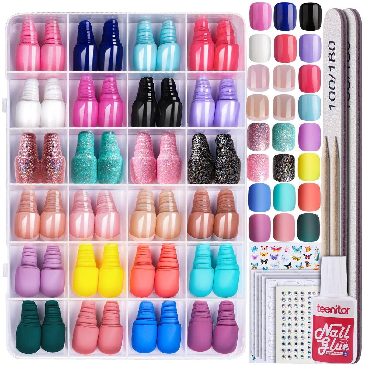 Teenitor 24Pack Short Press On Nails Set front view with assorted colours