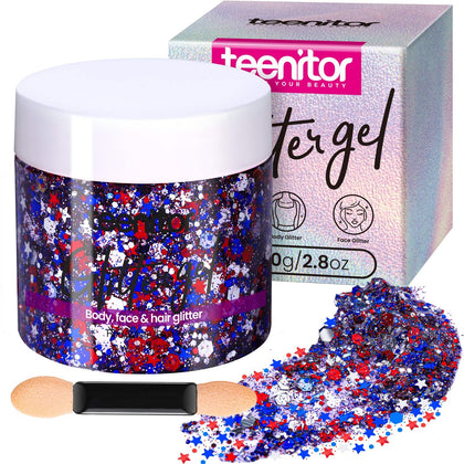 Teenitor 80g Red White and Blue Body Glitter Gel front view