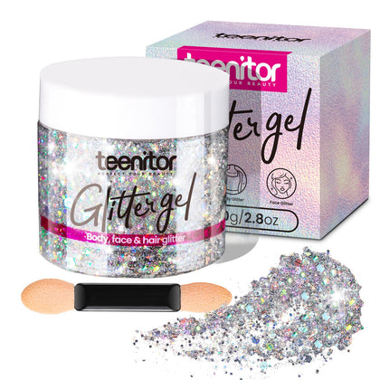 Teenitor Body Glitter Gel 2.82 oz silver holographic front view
