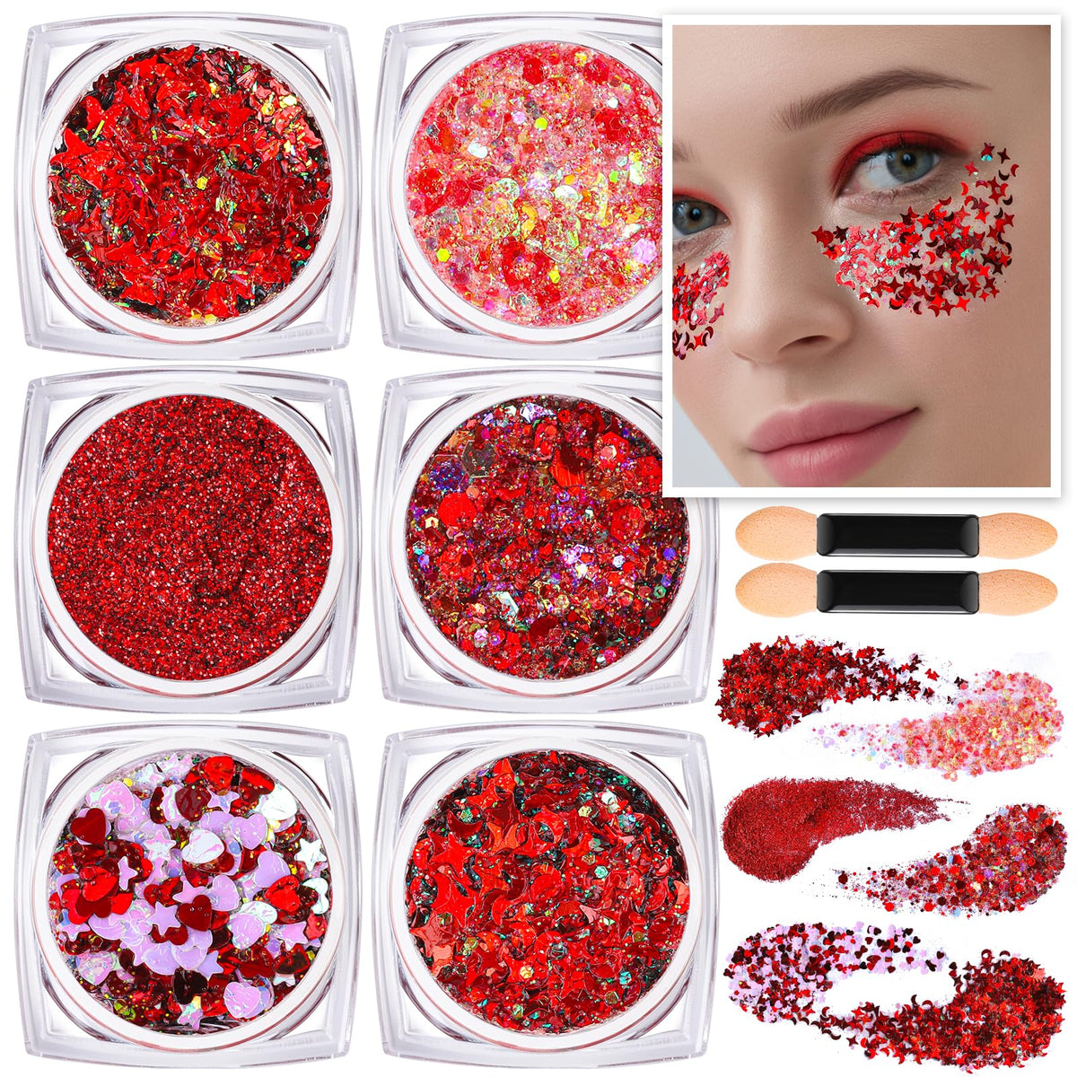 Teenitor Body Glitter Gel Set with six shapes of red glitter