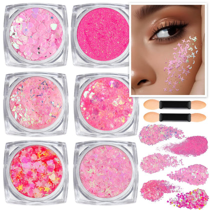 Teenitor Face Glitter Gel Set - 6 pots of pink glitter