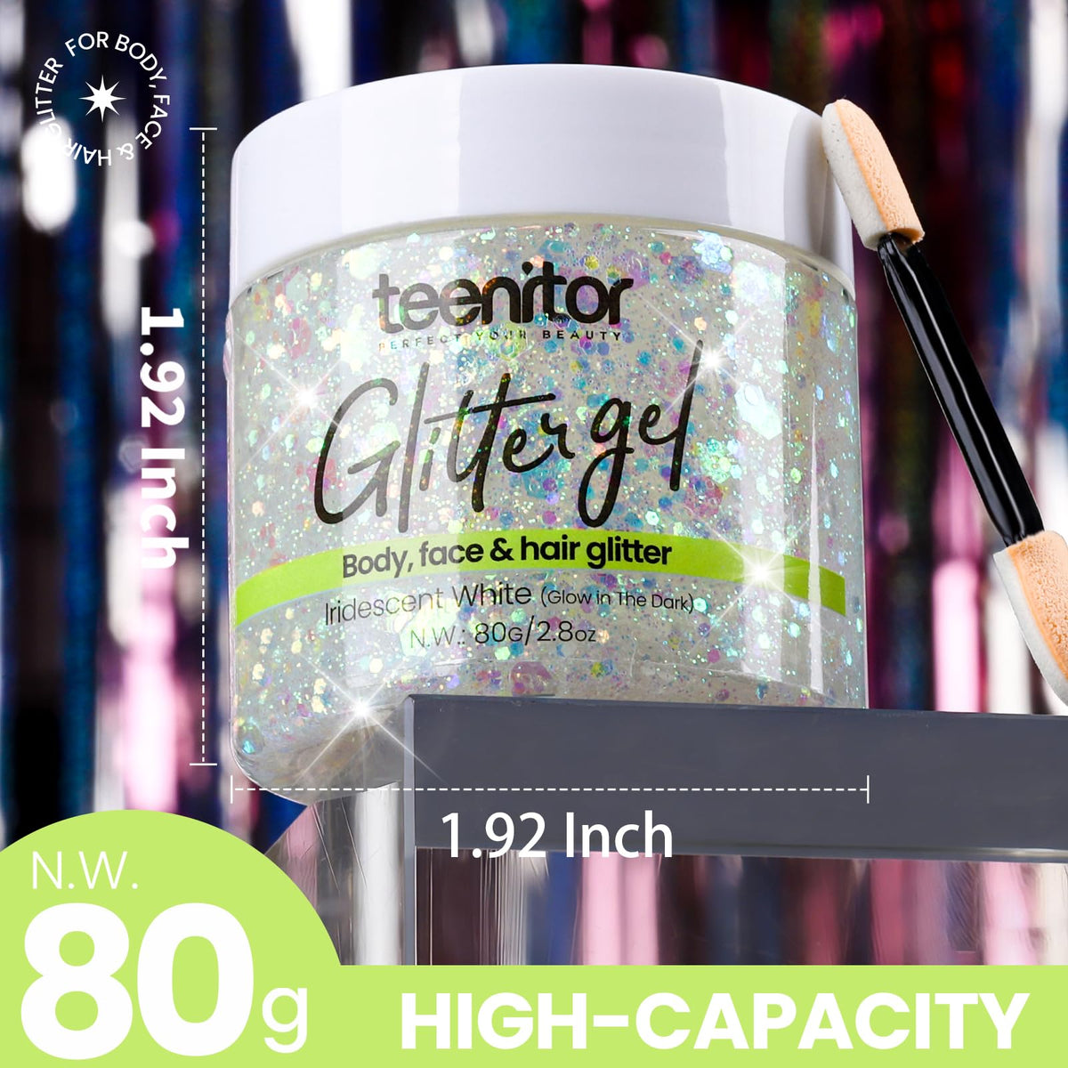 Teenitor Glitter Gel packaging with iridescent glitter