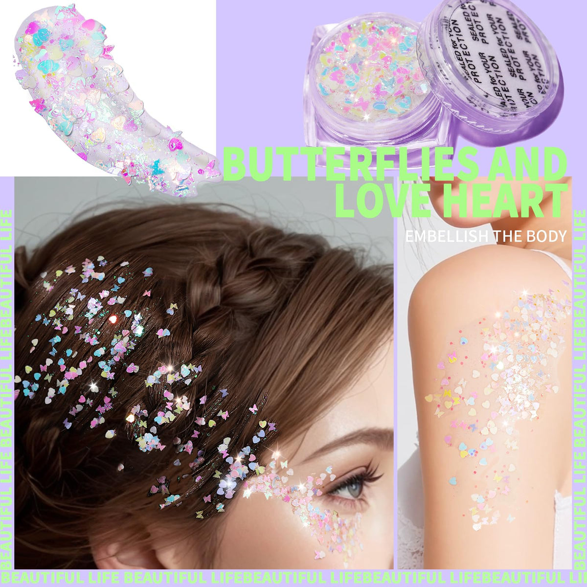 Teenitor glitter gel set displayed with festival makeup