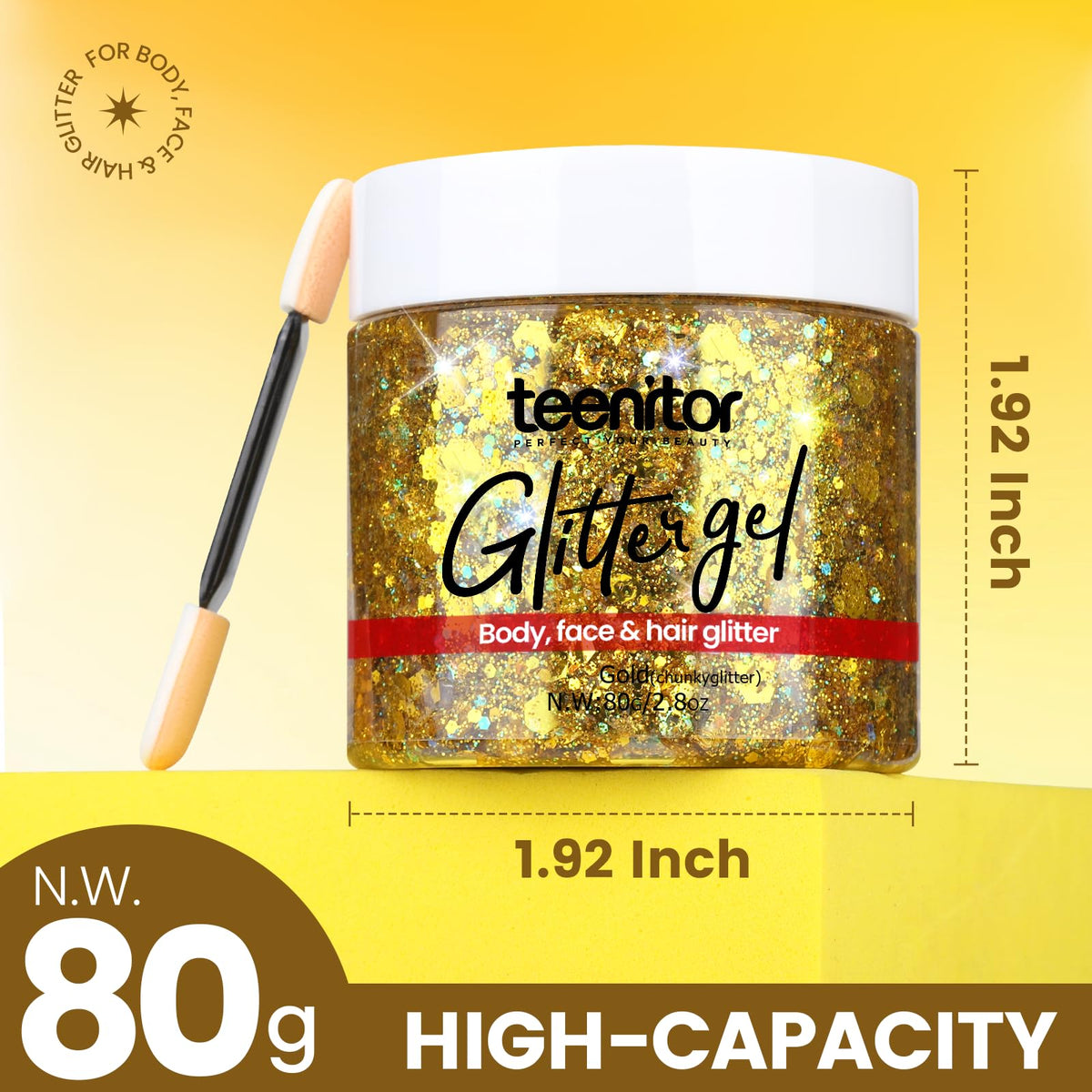 Teenitor Gold Body Glitter Gel applied on face