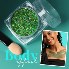 Teenitor Green Face Glitter Gel applied on skin for festival makeup
