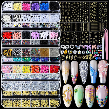 Teenitor Nail Charms Nail Art Kit with gold stickers and rhinestones