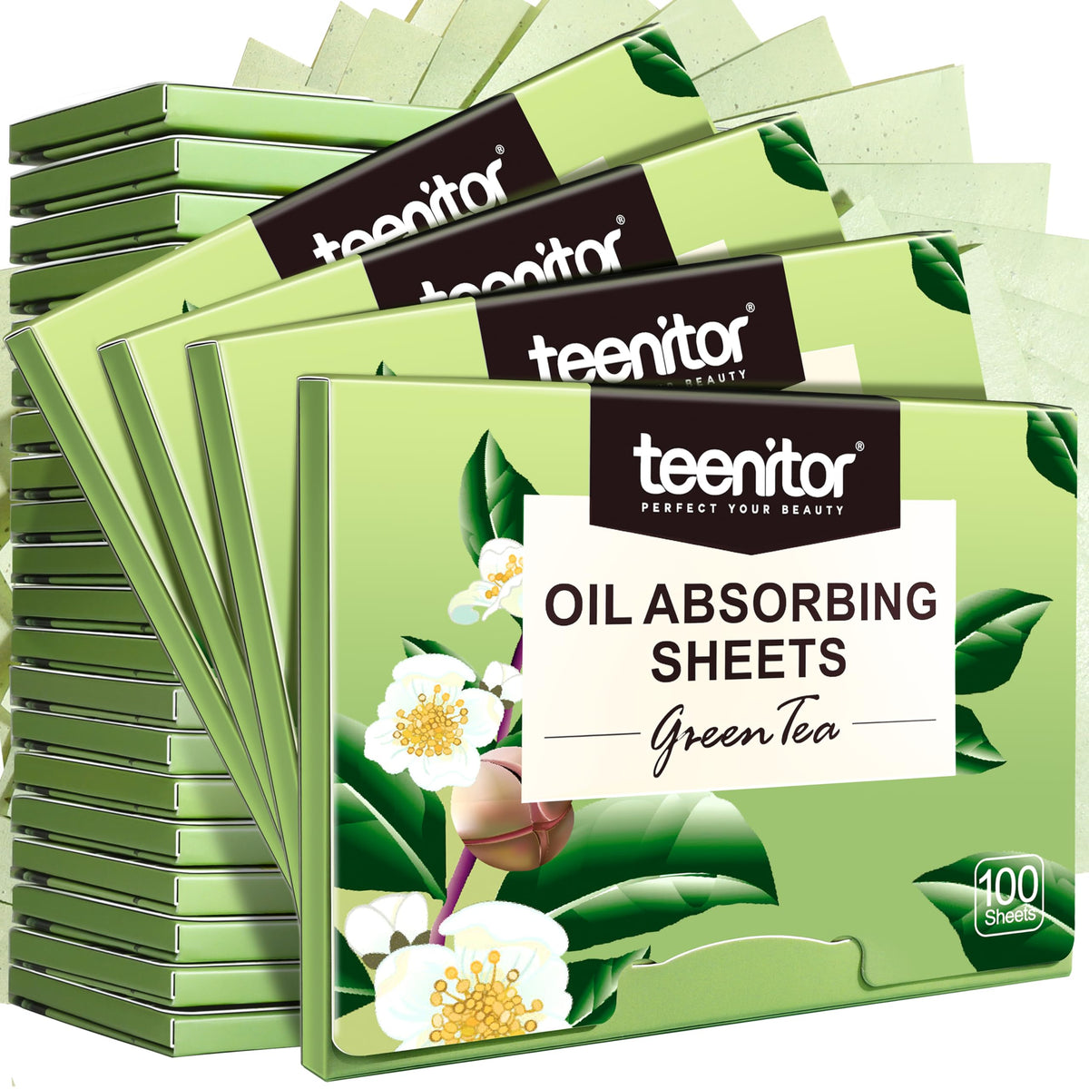 Teenitor Oil Blotting Sheets pack front view with green tea essence