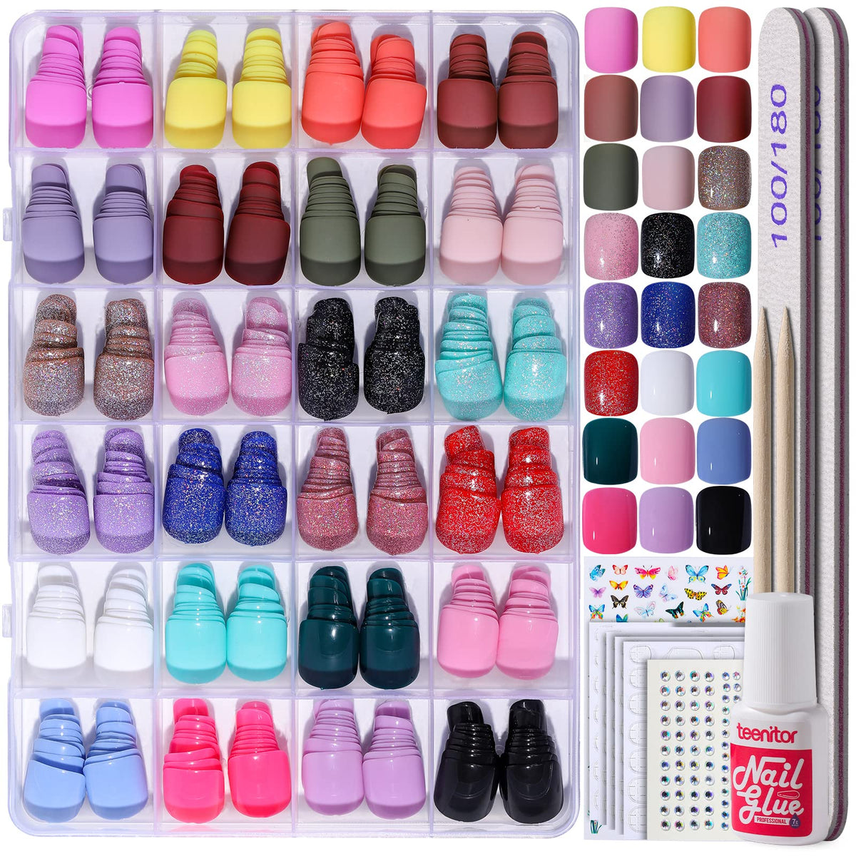 Teenitor Short Press On Nails Set front view with assorted colours