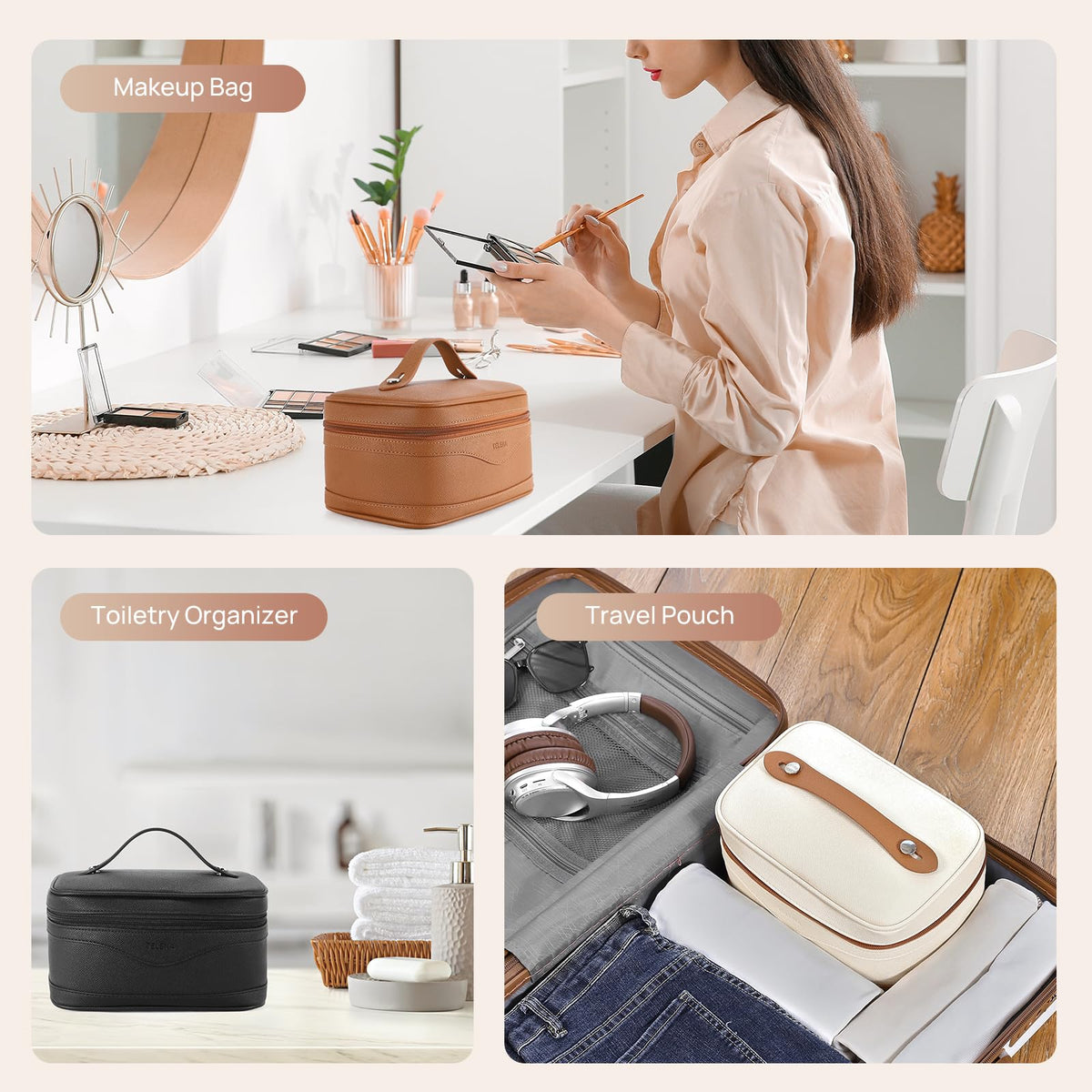 Telena Large Makeup Bag in lifestyle setting with beauty products
