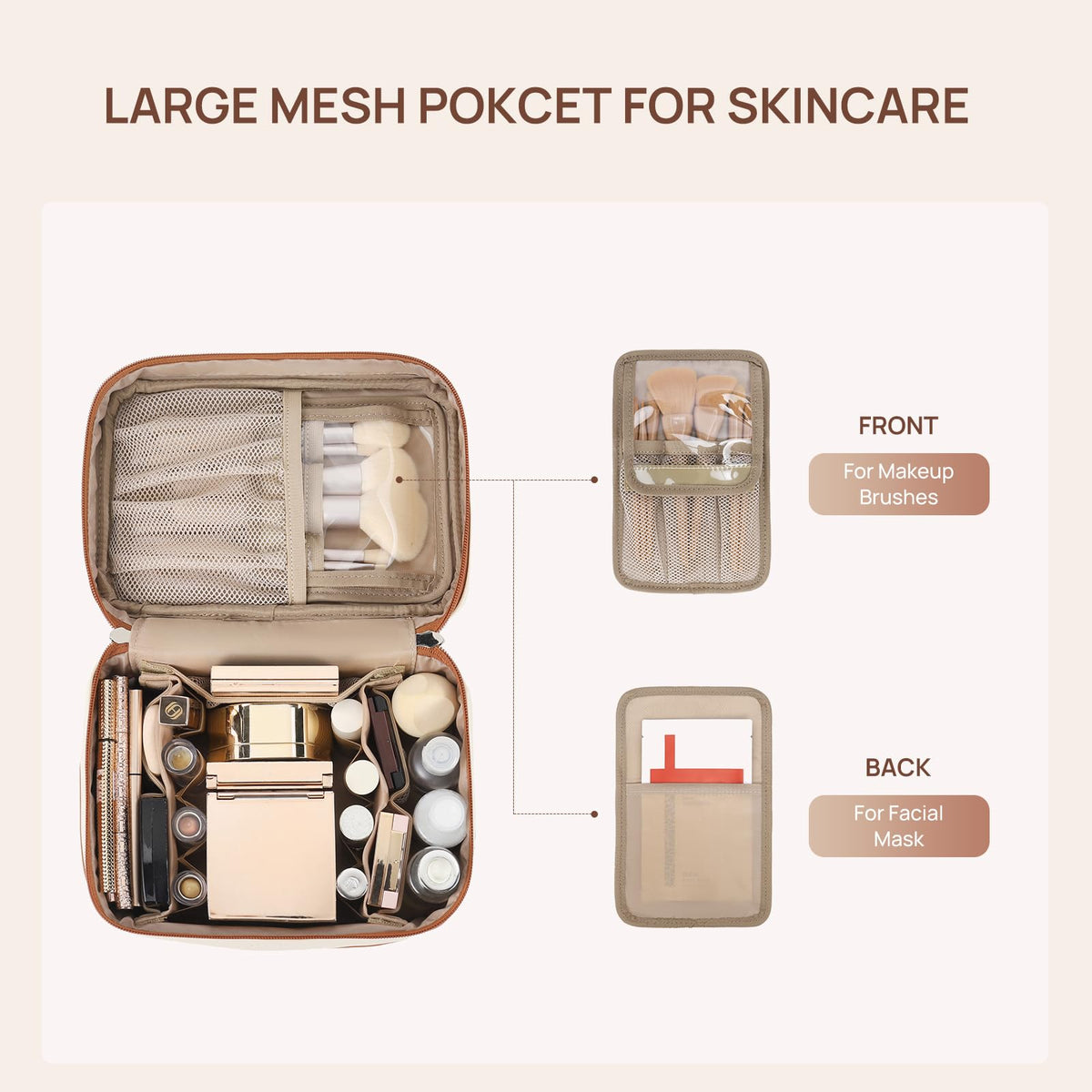 Telena Large Makeup Bag interior compartments with cosmetics