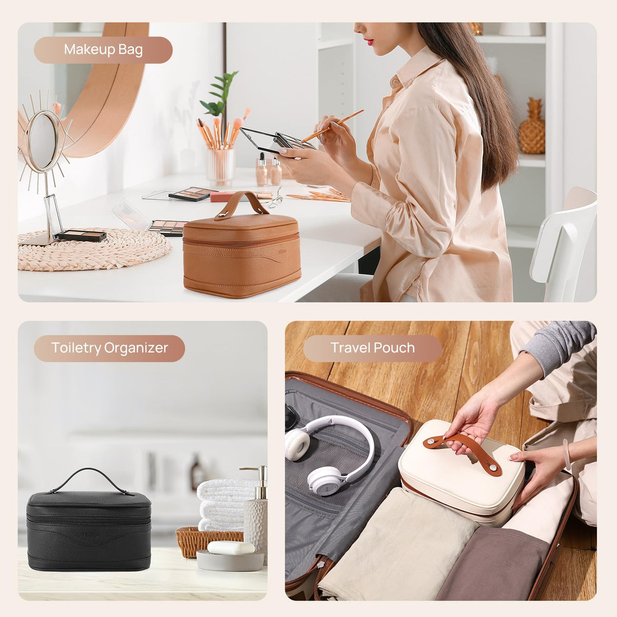 Telena Large Makeup Bag lifestyle shot on a bathroom counter