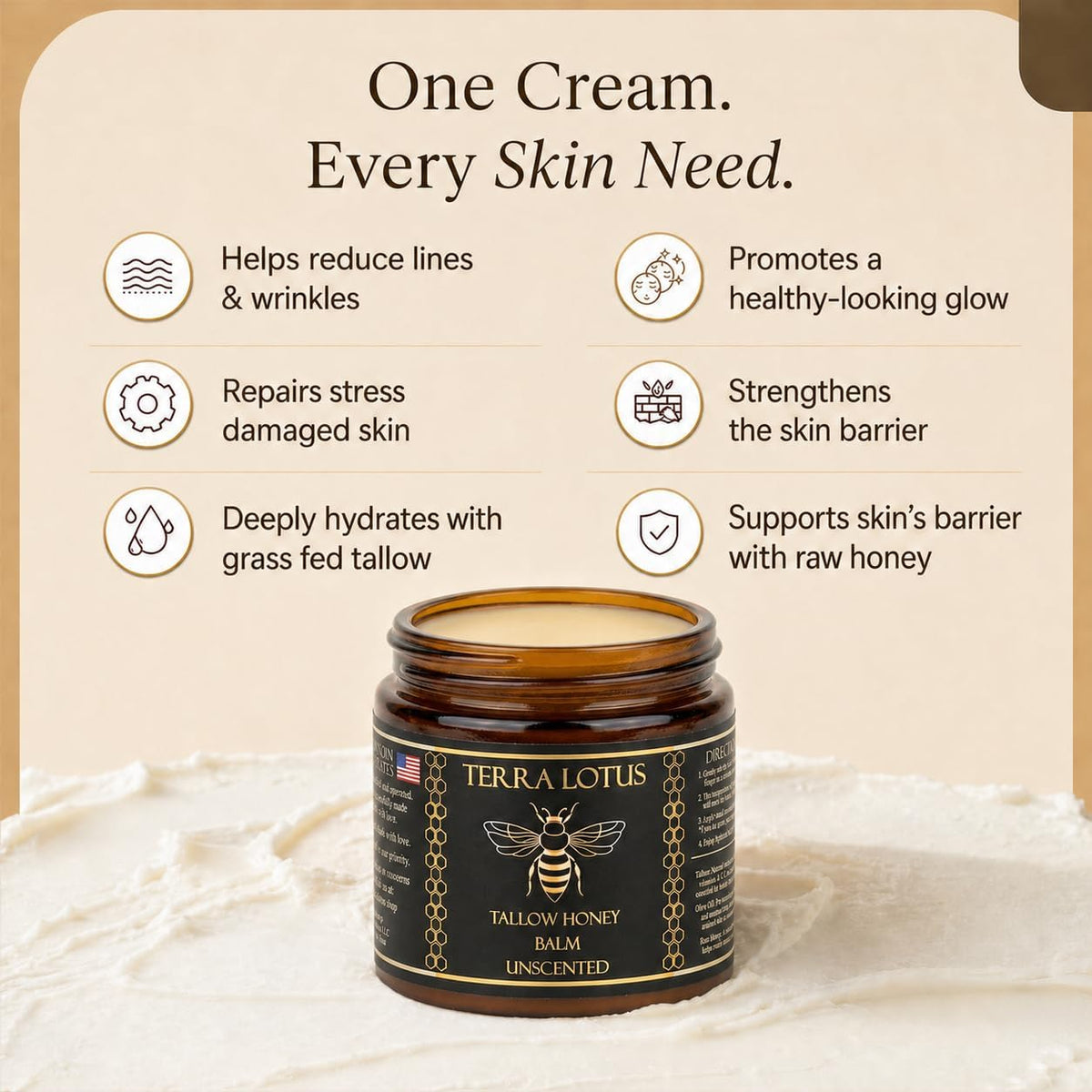 Terra Lotus Organic Beef Tallow Balm 4 Oz with ingredients display