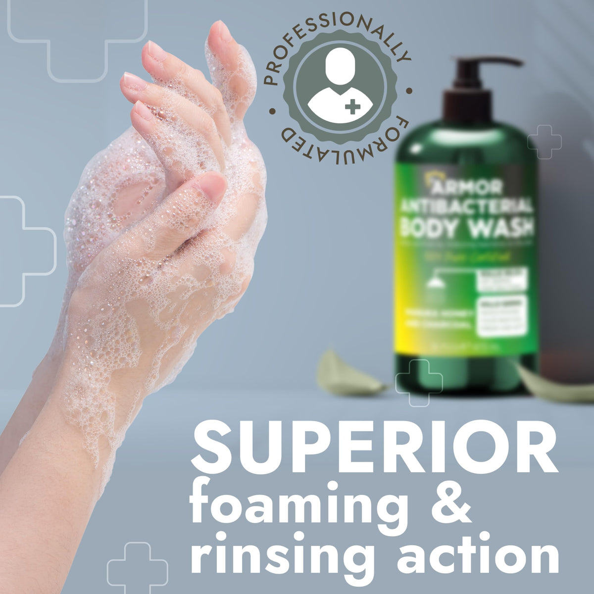 Terramed body wash 16 oz bottle with a shower background