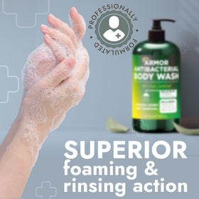 Terramed body wash 16 oz bottle with a shower background