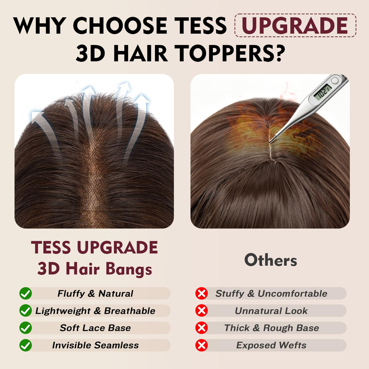 TESS Human Hair Topper back view showing length