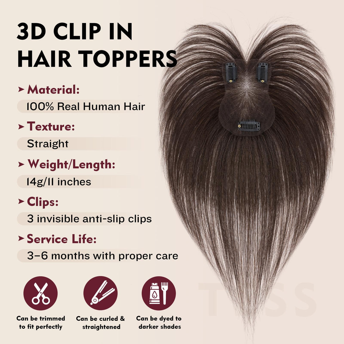 TESS Human Hair Topper close-up of dark brown texture