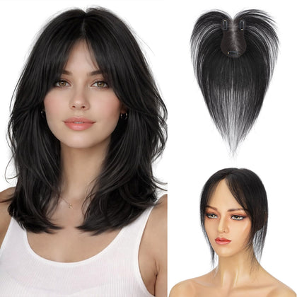 TESS Human Hair Topper front view with Air Bangs style