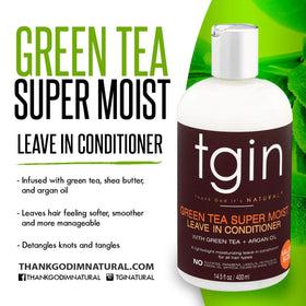 tgin Green Tea Super Moist Leave In Conditioner on a bathroom shelf