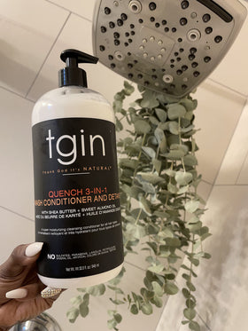 Thank God It's Natural Quench 3-in-1 Co-wash Conditioner packaging on a bathroom shelf