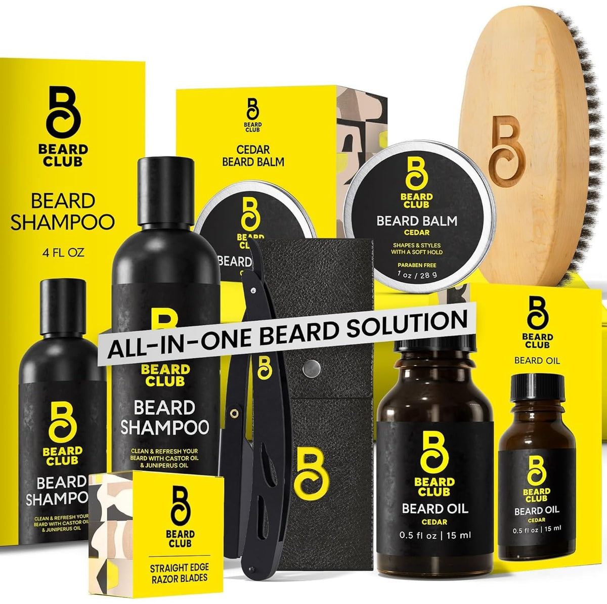 The Beard Club Beard Care Kit with straight edge razor and leather case