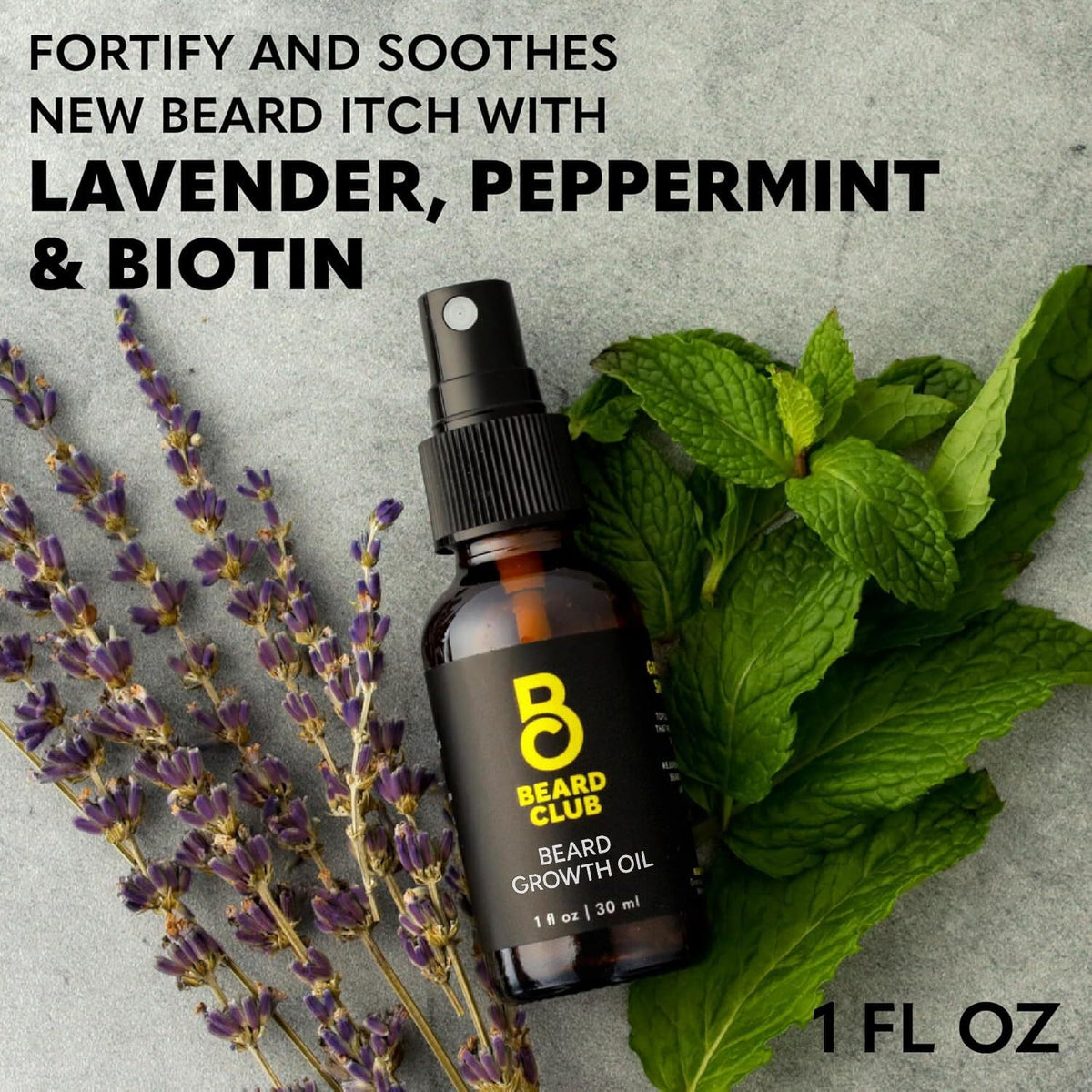 The Beard Club Biotin Beard Growth Oil Spray on a bathroom shelf
