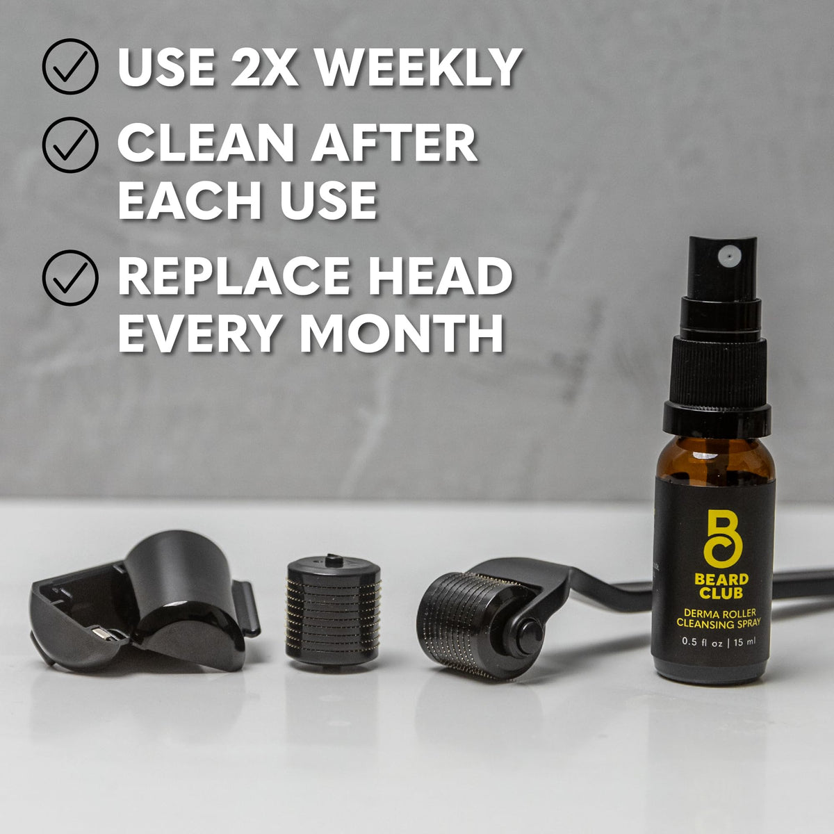 The Beard Club Derma Roller and Cleansing Spray on a bathroom counter