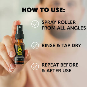 The Beard Club Derma Roller Cleansing Spray 1oz on a bathroom counter