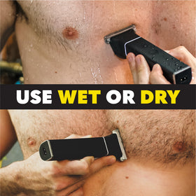 The Beard Club Manscape Body Hair Trimmer on a bathroom counter