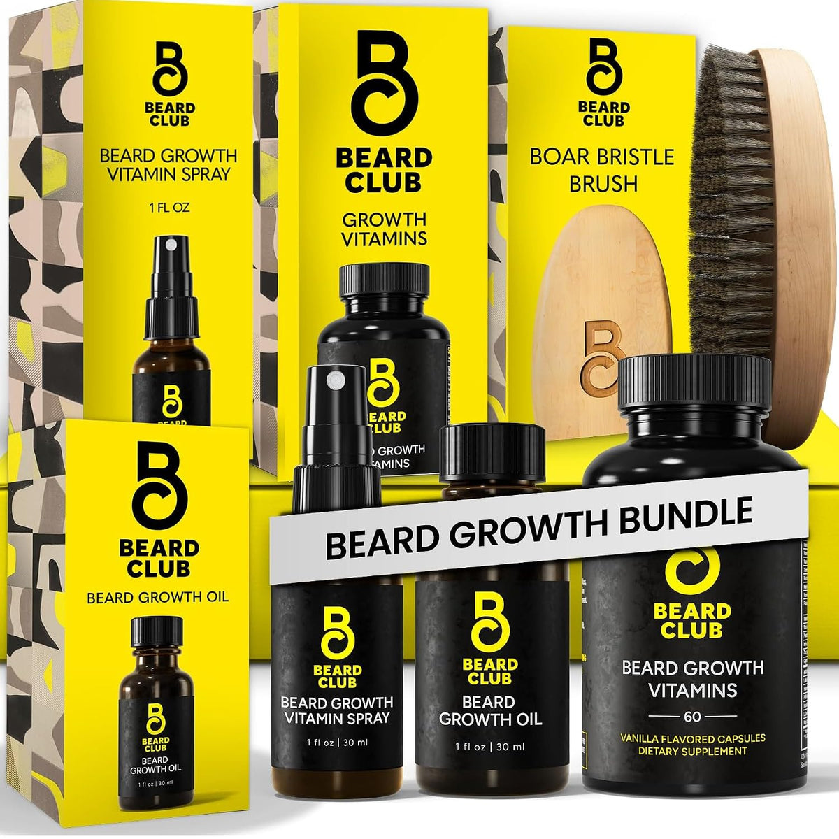 The Beard Club Premium Beard Growth Kit front view with all products