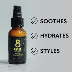 The Beard Club Riptide Beard Softening Spray on a grooming table